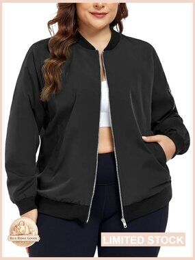 Plus Size Bomber Jacket Lightweight Cropped Zip Up Coat Casual Windbreaker